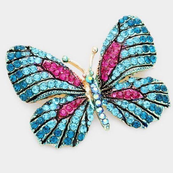 Butterfly Crystal Blue Rhinestone Pin Brooch - Picture 3 of 5